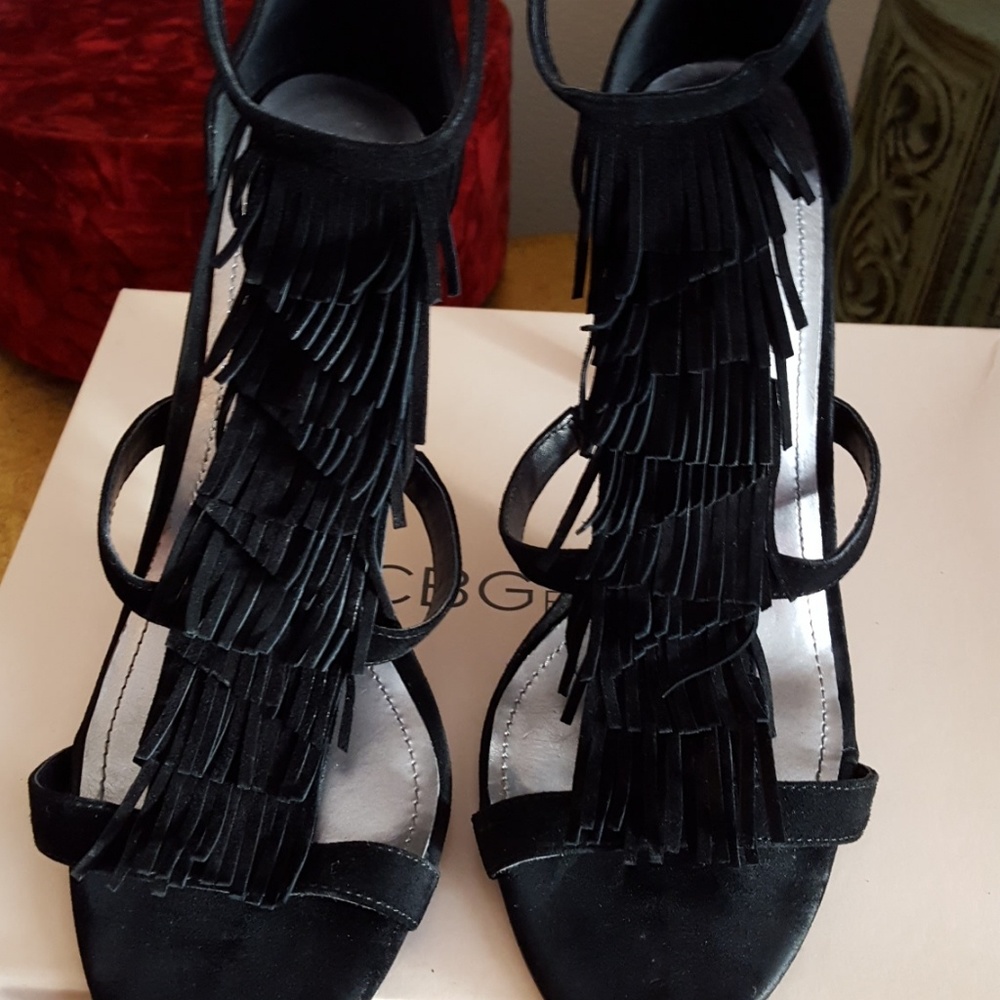 Fringe Black Suede Sandals - Size 10
